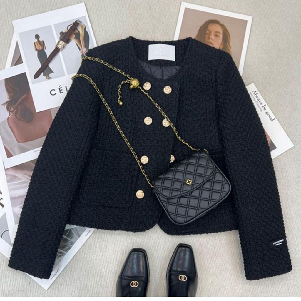 Jachetă Scurtă Coco Franțuzească cu Nasturi Dubli, Umplută cu Puf și Căptușeală din Bumbac - Stil Socialite Toamnă/Iarnă 2025.