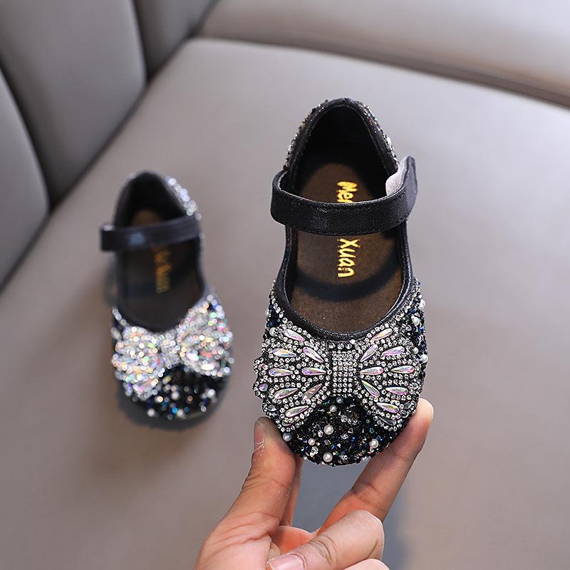 Spring-summer small/medium/large Korean-style girls' princess peep-toe rhinestone bowknot mesh flat shoes, leather shoes, performance dance shoes