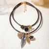 Exquisite Personality Retro Premium Design Double Layer Stacked Alloy Geometric Leaf Pendant Leather Necklace
