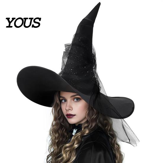 Adjustable Mesh Hat for Adults Halloween Witch Hat, Large Ruched Sequins Wizard Dark Cosplay Costume, Masquerade Party Breathable Costume