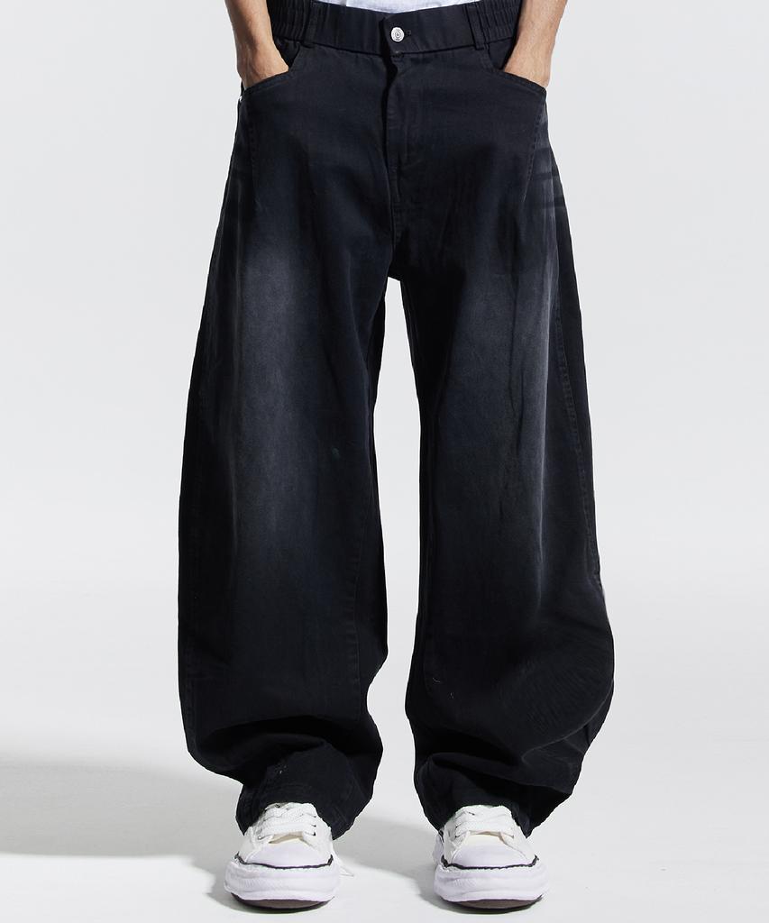 CREAM SODA LAB Half-Band Vintage Front Wash Wide Balloon Denim Pants Black