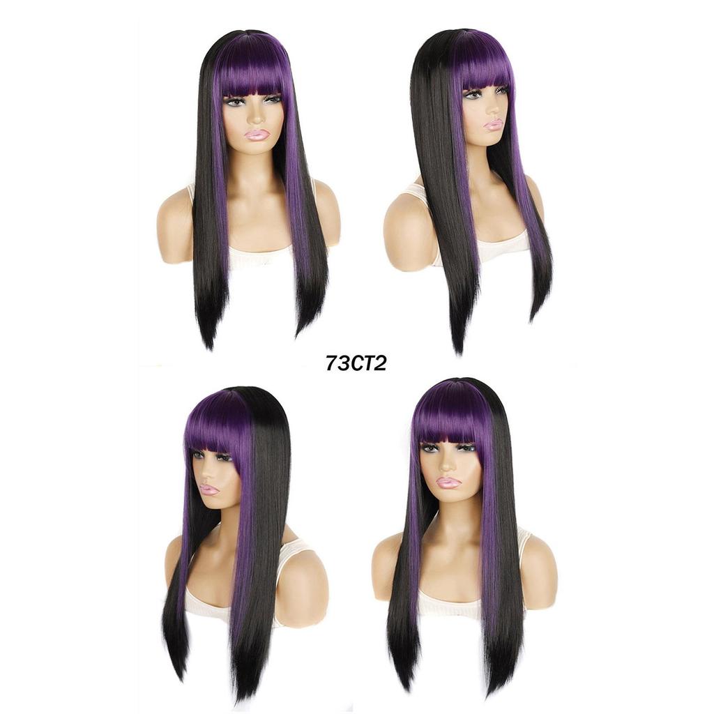 Long Hair Wig Whit Bangs Straight Hair Black Pink Blue Balayage Highlighted Color Modern Young Girl's Wigs