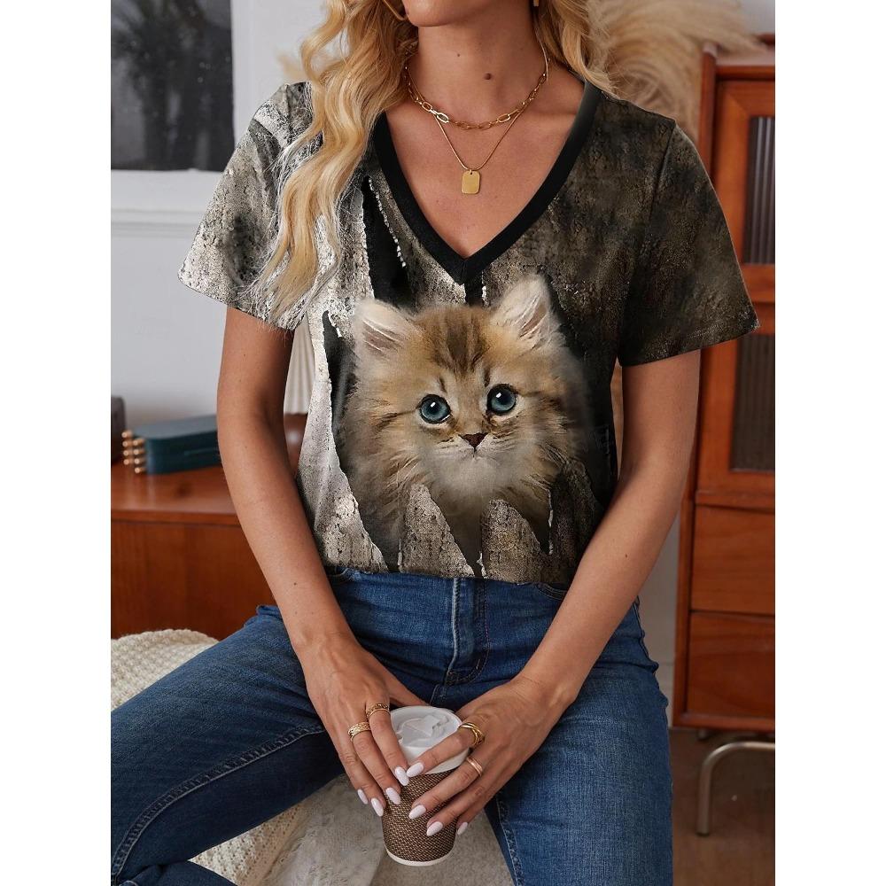 Outdoor Women's T-shirt Cat Printed Short Sleeve Female Harajuku Tees Ladies T Shirt