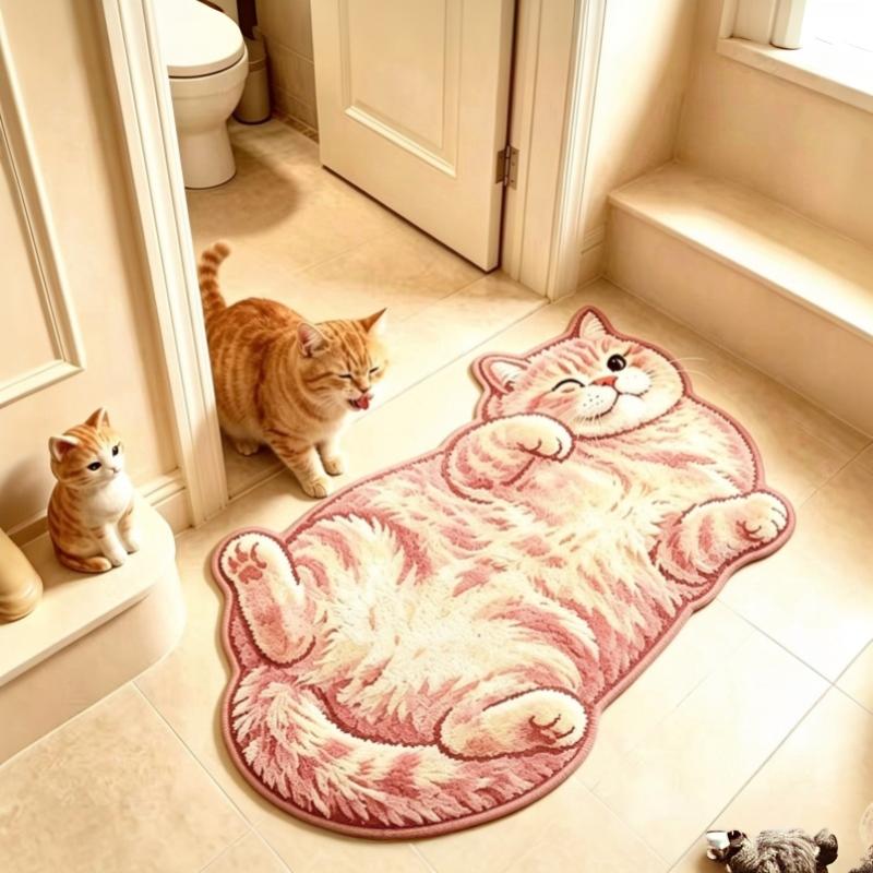 Cute Cartoon Lazy Cat-Shaped Rug Fun Creative Home Decor For Bedroom Beside Floor Mat Entrance Bathroom Washable Soft Carpet