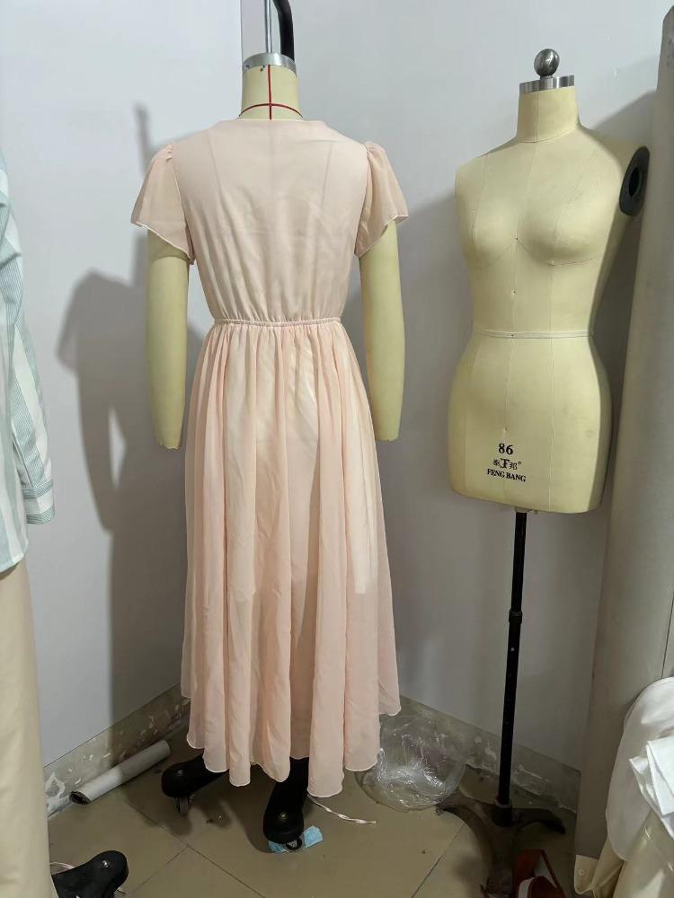 Vestito da Donna con Scollo a V, Manica Corta, Stampa Digitale Posizionata, Gonna Lunga, Elegante, Aderente, Vita Alta