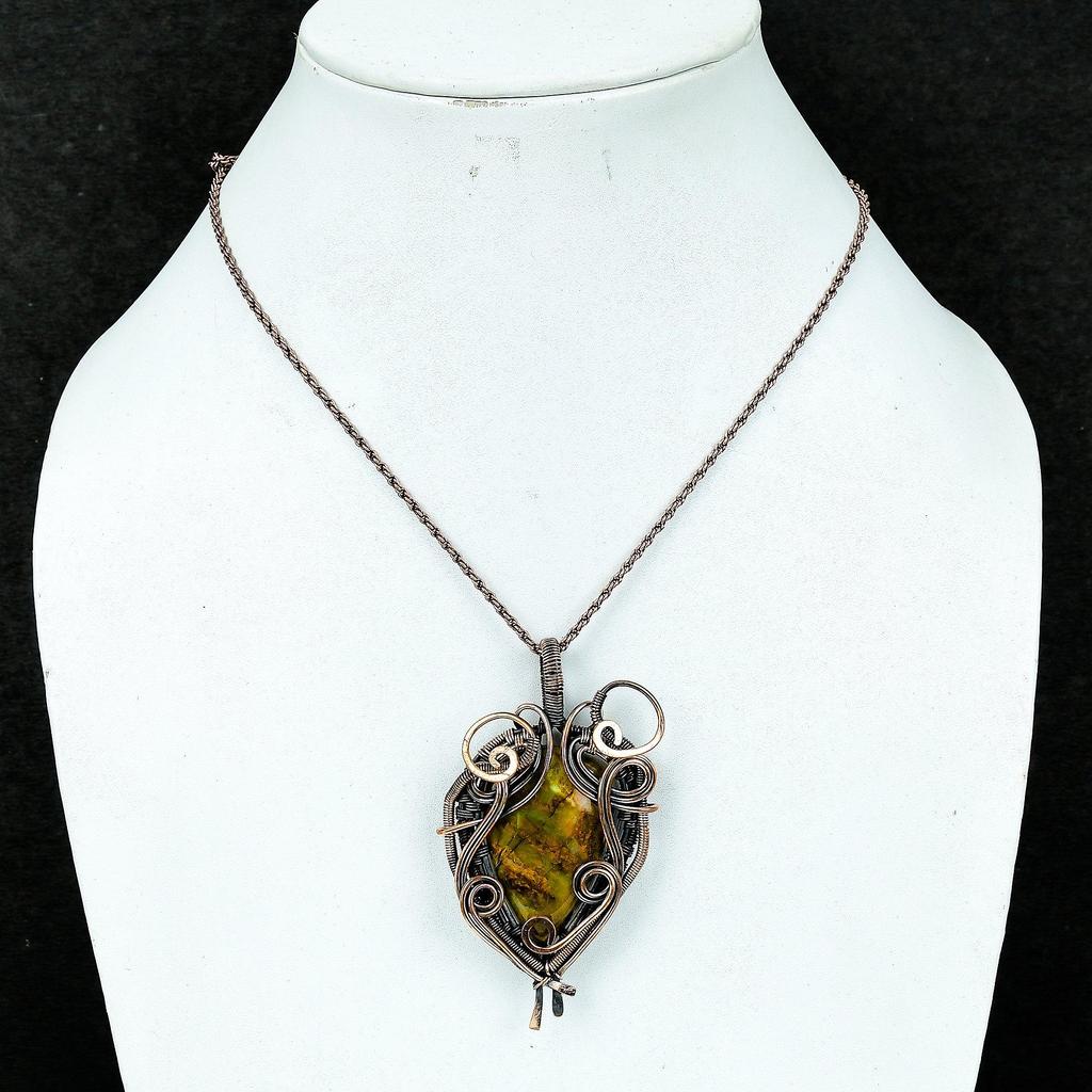 Green Opal 999 Copper Wire Wrapped Pendant, Handmade Gemstone Jewelry Pendant Gift For Birthday