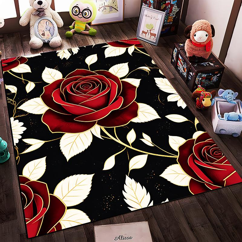 Large Red Roses Pattern Carpet with Black Background and Gold Accents Suitable for use as an anti-slip for living room bedroom sofas