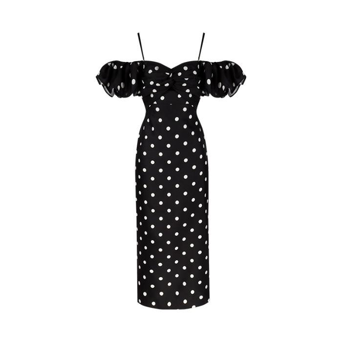 Black and white polka dot tube top dress women s summer elegant retro hip birthday hip wrap dress long skirt S чёрный