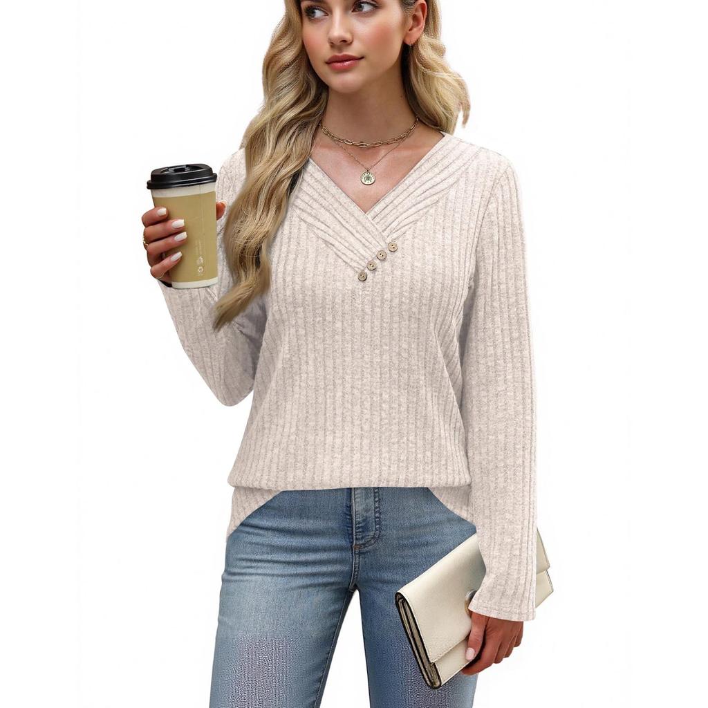Women Long Sleeve Shirts V Neck Tops With Buttons Fall Fashion Outfits Winter Sweaters
