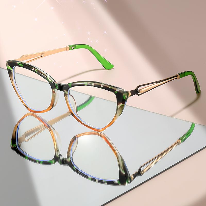 

New cat-eye-shaped anti-blue light glasses metal hollowed-out temple personalized hip-hop party decoration flat glasses