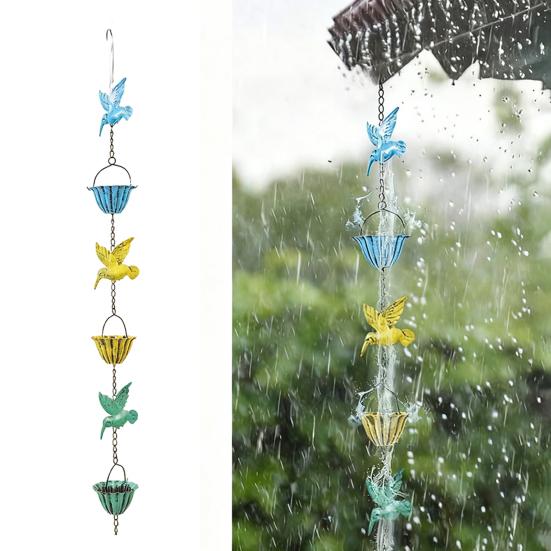 8Ft Hummingbird Rain Chain Colorful Hummingbird Iron Rain Chain Outside Rain Catcher Chain for Gutter Downspouts Garden Decor
