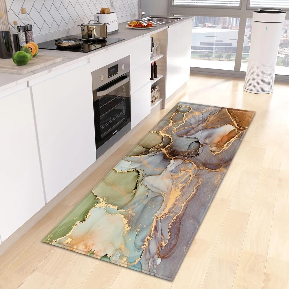 Marble Print Kitchen Runner Rug, Modern Gold  Black Vein Non-Slip Water  Oil Resistant Floor Mat