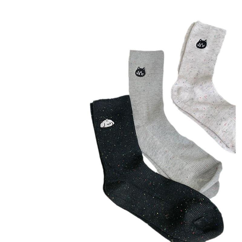 Spring and Summer Dot-yarn Embroidered Cute Dog Cartoon Socks, Women's Mid-calf Pile Socks, Trendy Pure Cotton, Versatile