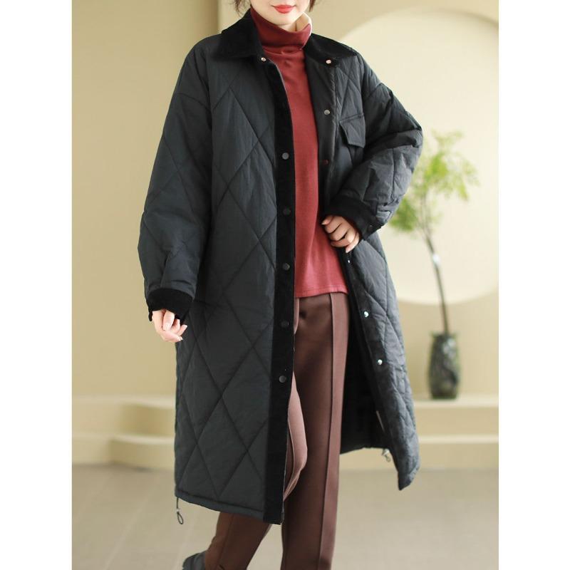 Large Size Women's Winter Clothing New Retro Literary Women's Cotton-padded Clothes Corduroy Splicing Padded Cotton Thickened Winter Coat Women