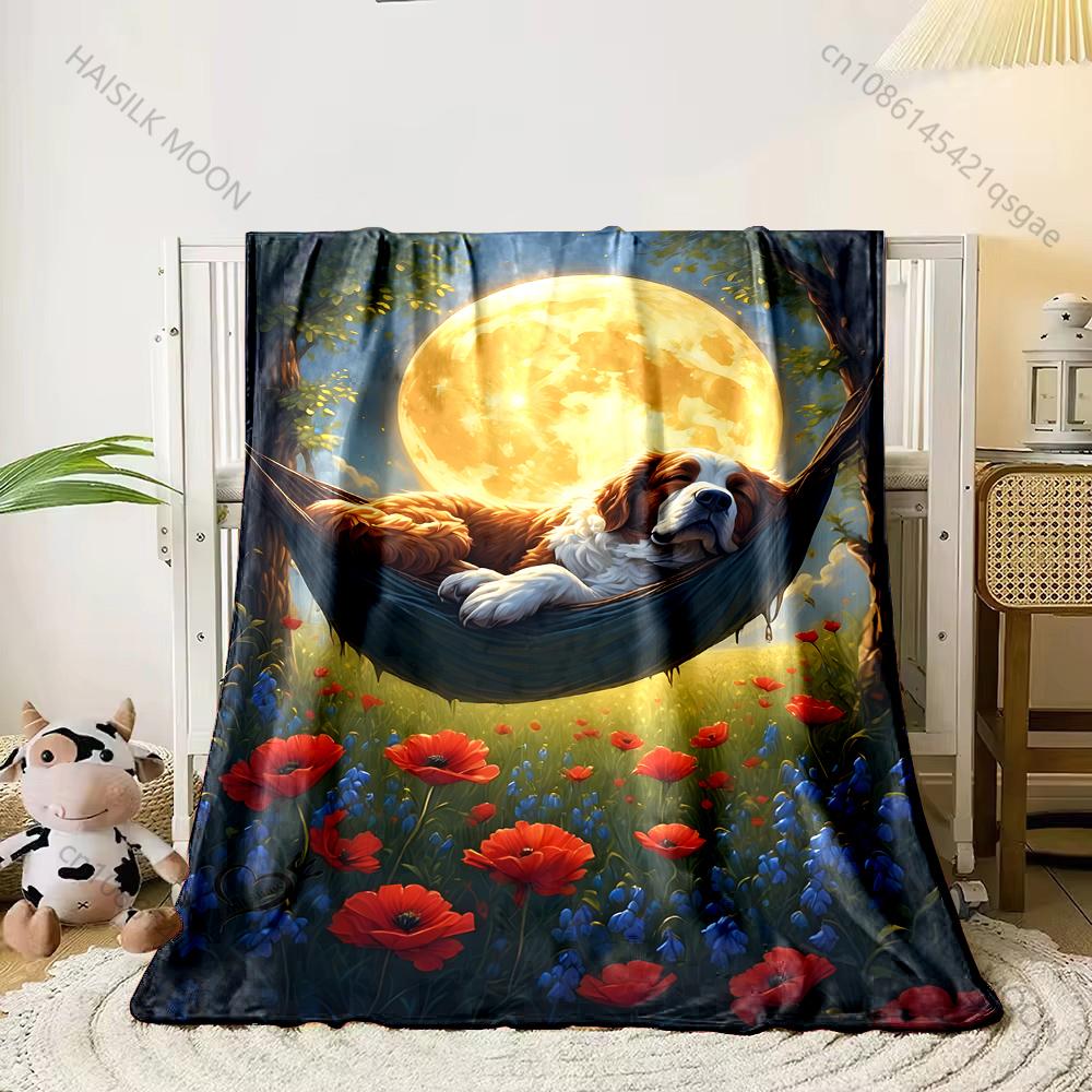 

Dog in hammock under moonlit flowers Print Adult Children Warm Blanket Home Travel Car Soft Comfortable Suitable for all seasons 75x90cm