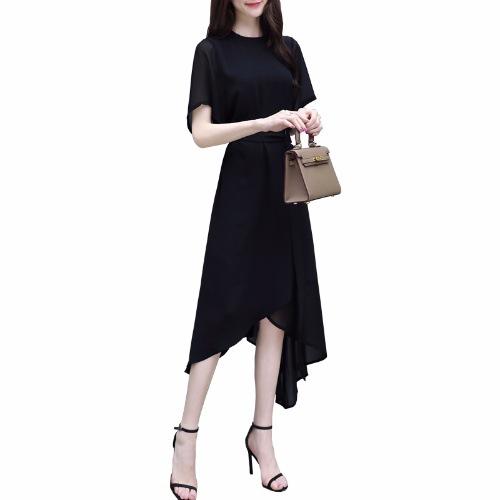 Summer Women's New Slim-fit Medium-length Dress Short-sleeved Irregular Temperament Socialite Black Chiffon Dress Women