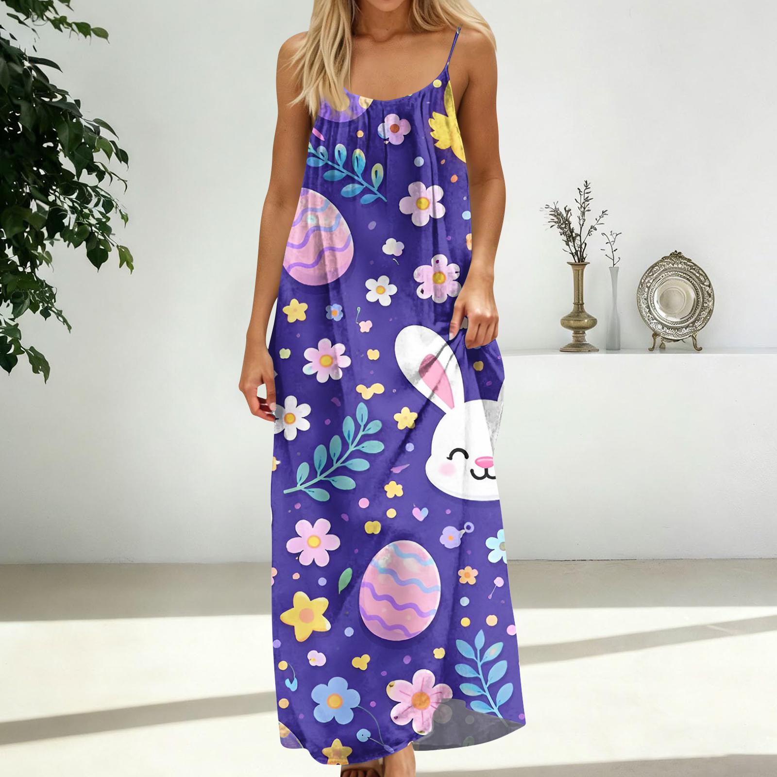 

Women s Fashion Backless Spaghetti Strap Casual Loose-Fit Easter Print Dress XL фіолетовий