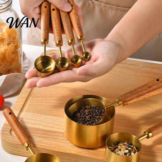 Durable Baking Tools 4Pcs Gold-Plated Stainless Steel Measuring Spoons & Cups Set, Precision with Kitchen Spoon Set Wood Handle, Nested Food Grade Kit