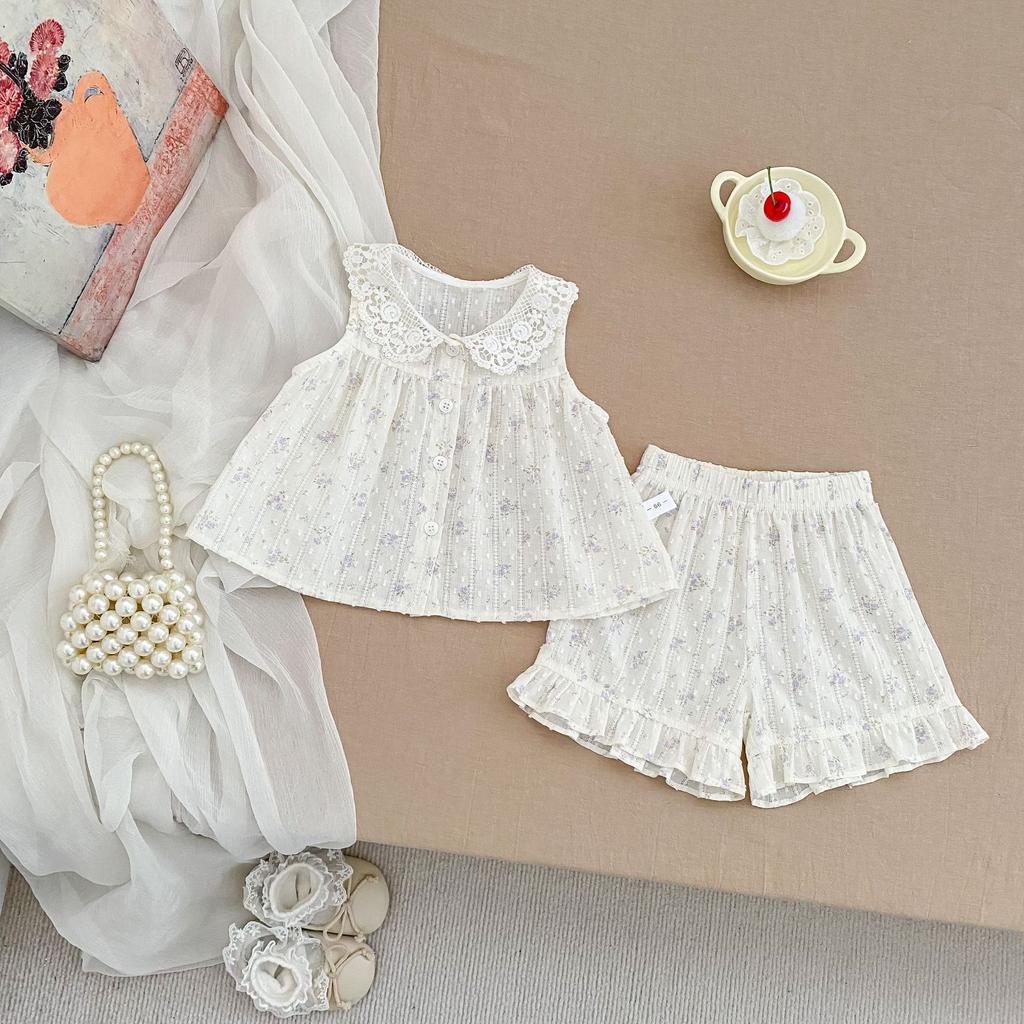 Girls Summer Floral Lace Collar Top and Ruffled Shorts Set