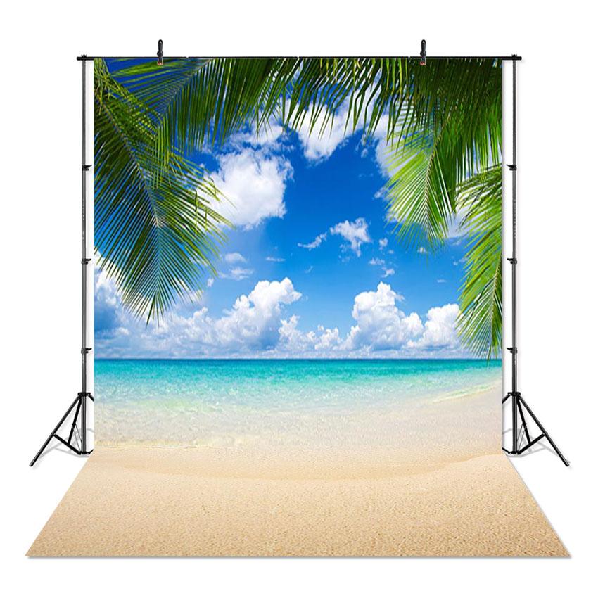 Sea Beach Sand Cloudy Blue Sky Scene Summer Beach Photography Backdrop for Photo Studio Tropical Palms Coconut Tree Background