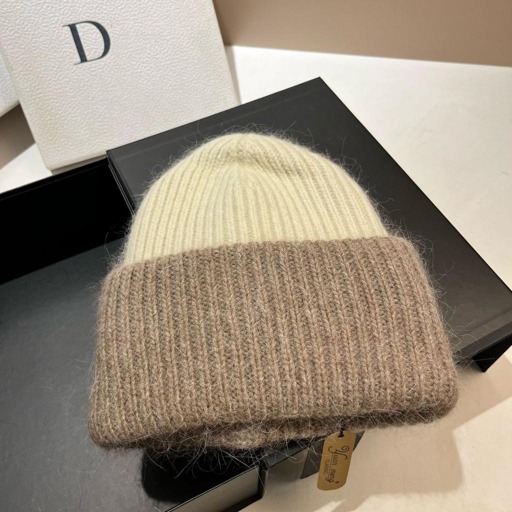 Iceland [rabbit Fur] Double-layer Thickened Warm Angora Rabbit Fur Knitted Hat Fashionable Contrasting Color Sweet Ear Hat Women