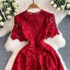 Summer Formal Evening Dress Women Hollow Out Crochet Lace Embroidery Party Long Dresses Female Short Sleeve Midi Dress