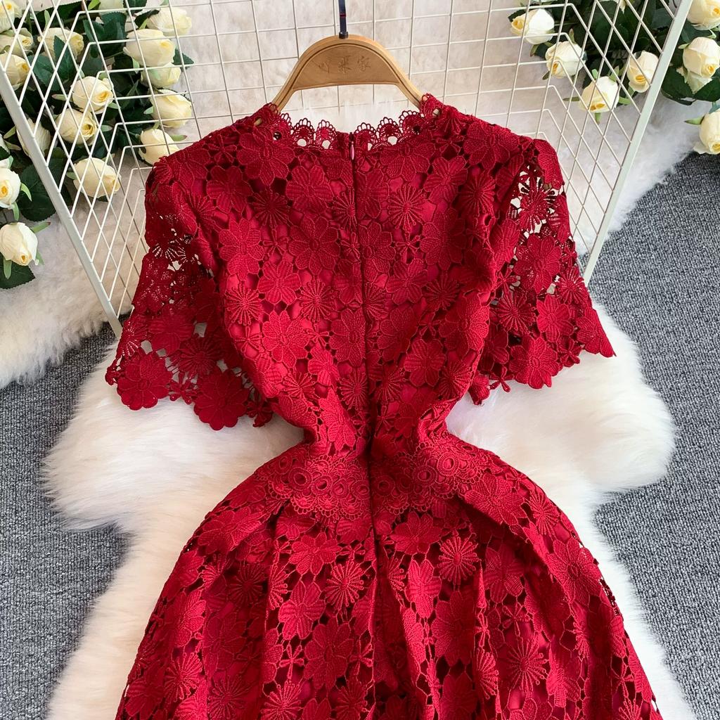 Summer Formal Evening Dress Women Hollow Out Crochet Lace Embroidery Party Long Dresses Female Short Sleeve Midi Dress