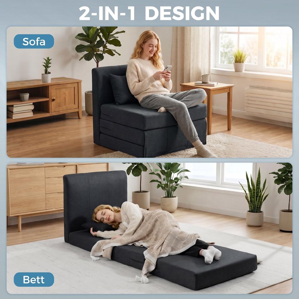 2-in-1 Folding Lounge Chair Foldable Sofa Bed with Linen Texture, Upholstered Guest Bed Folding Chair, Dark Grey