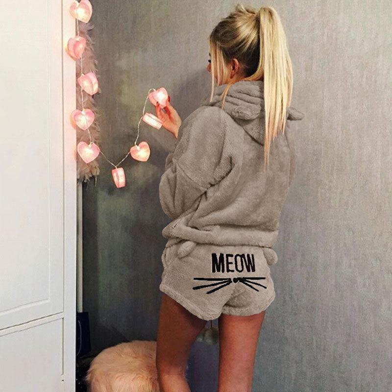 Dámská móda Jednobarevná teplá zimní pyžamová souprava Dvoudílné roztomilé kočičí pyžamo s kapucí Noční oblečení plus size S-5XL