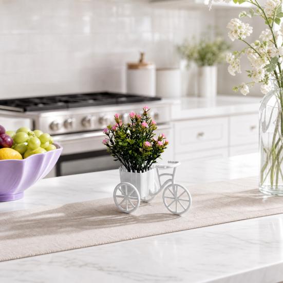Fake Gypsophila Plant, Rustic Style Pink/Purple Flower Three-Wheel Cart Figurine, Simulated Small Flowers Desktop Home Decor Display Ornament