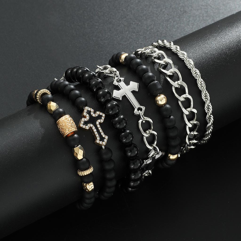 7pcs Stainless Steel Bracelet Set For Men Women Punk Fashion Cross Beads Chain Bracelets Simple Hip Hop Unisex Jewelry Gifts
