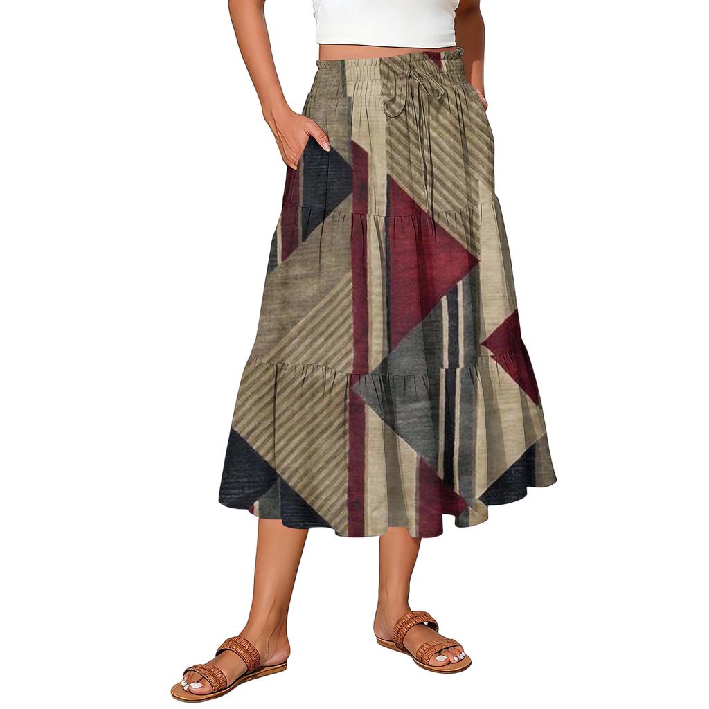 Ladies' Plaid Printed Casual Elastic Waist Drawstring Skirt
