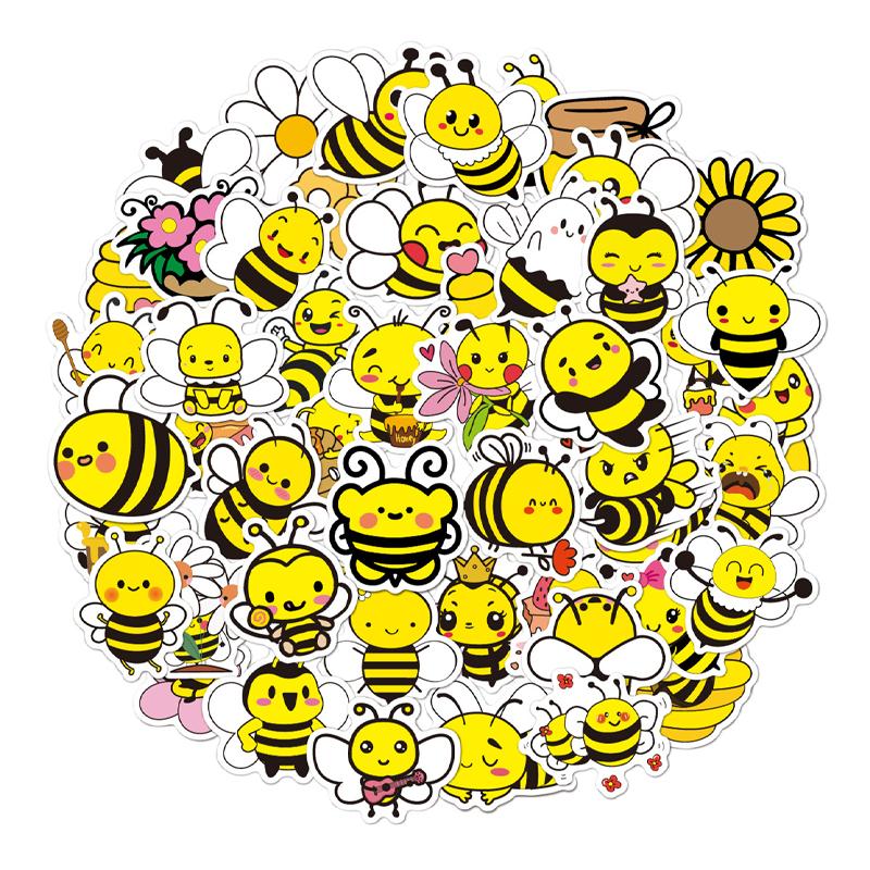 50 Pcs Bee Stickers Cute Cartoon Yellow Vinyl Waterproof Bee Animal Stickers for Water Bottles, Laptop, Package, Luggage
