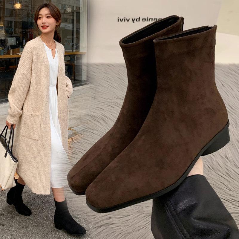 Coarse Heel Suede Korean Small Ankle Boots Women's Shoes 2025 New Autumn and Winter Velvet Martin Boots Fashionable Thin Short Boots