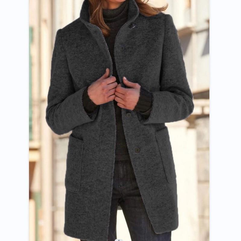 Womens Vintage Solid Color Button-Up Stand Collar Wool Blend Coat Winter 2026