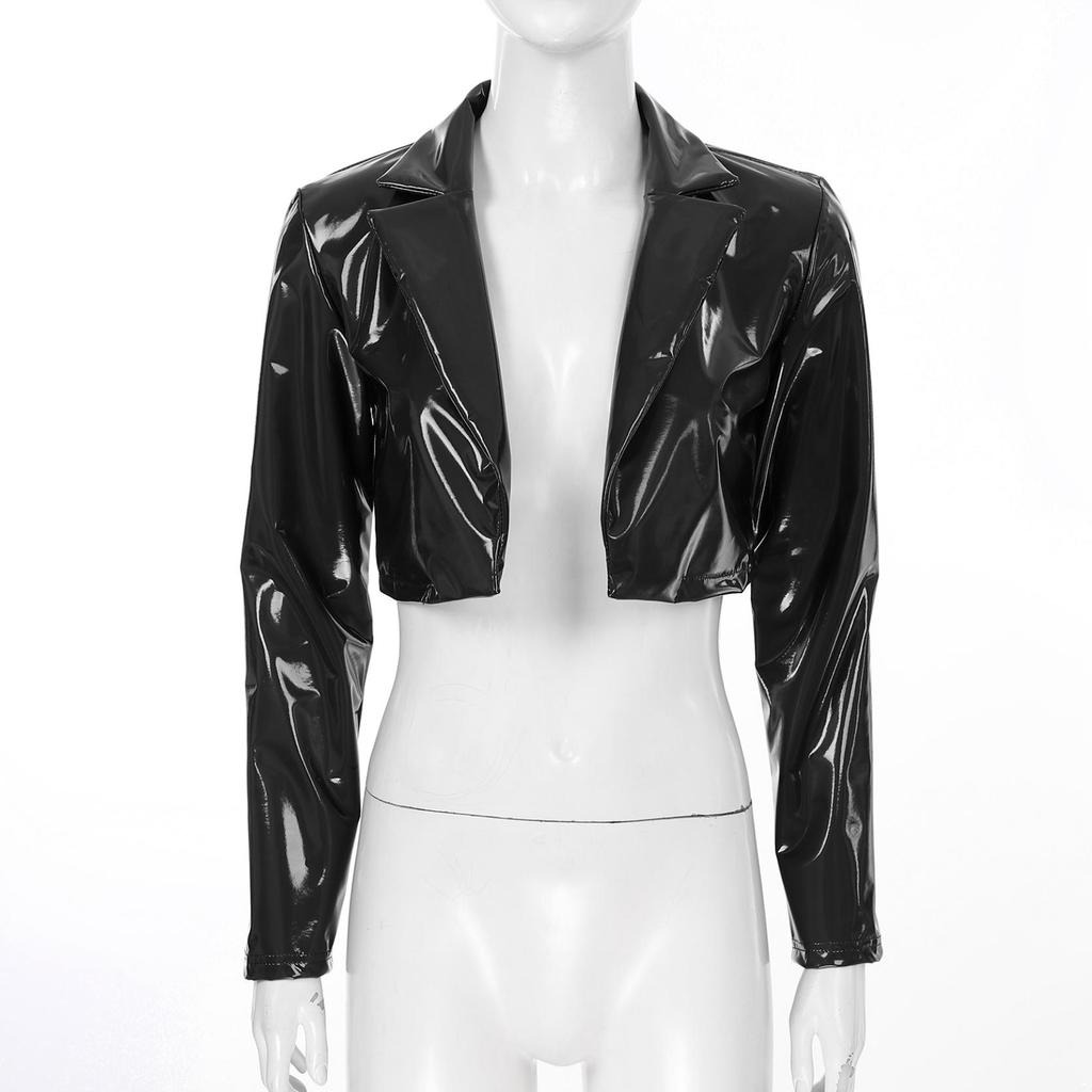 Womens PU Faux Leather Long Sleeve Jackets Slim Fit Party Coat Ladies Fashion Leather Jacket Dance Costume