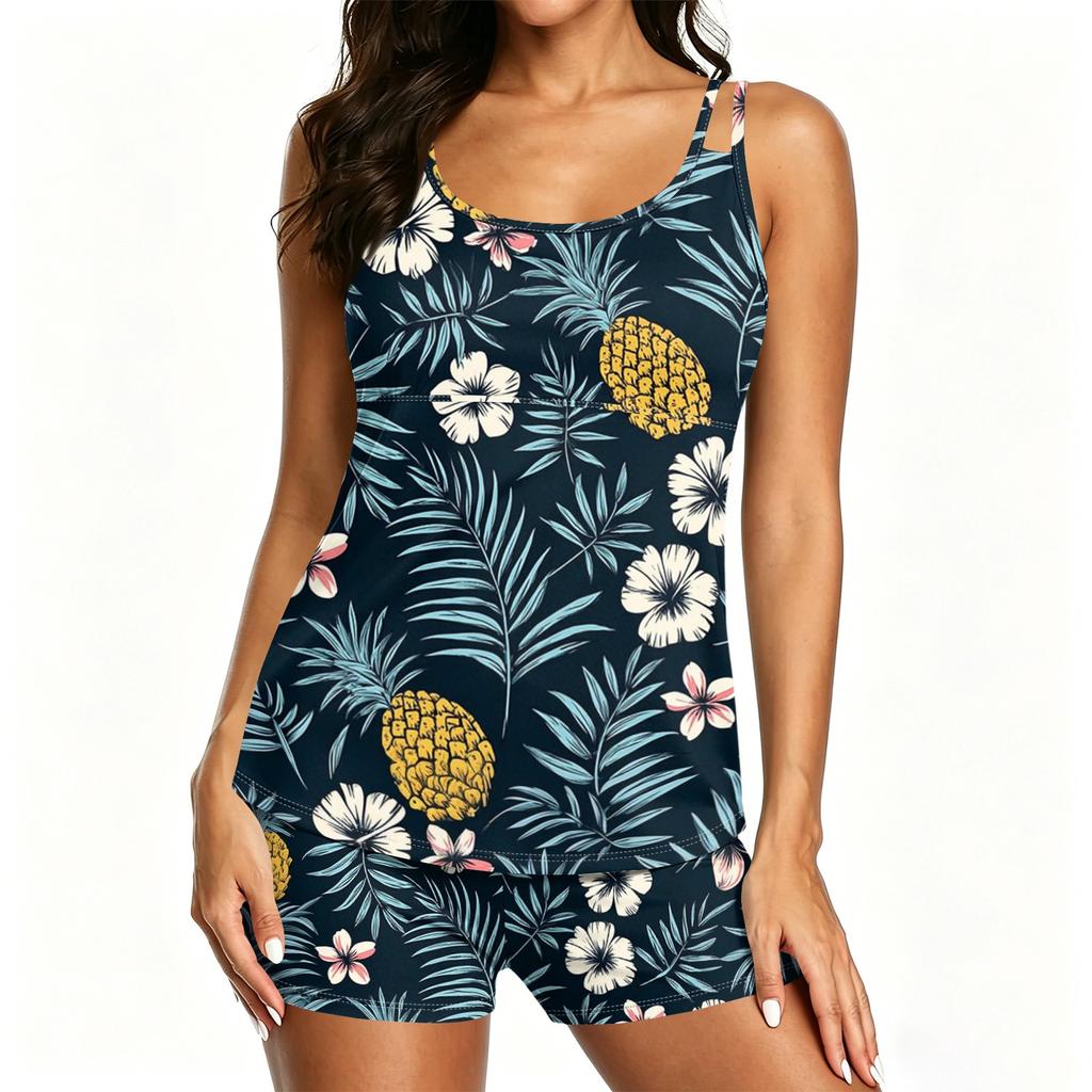 Women’s Printed Two Piece Tankini Swimsuit with Adjustable Straps and Boyshorts Athletic Swimwear Set for Beach Pool