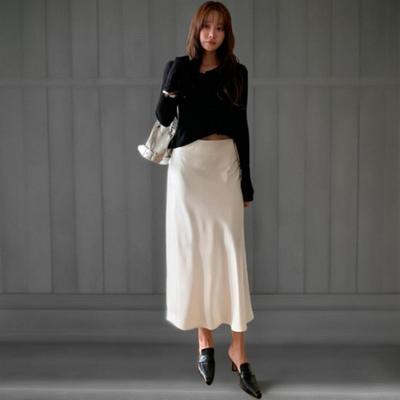 New Arrivals Open Run Women Classic Solid H Line Satin Long Skirt