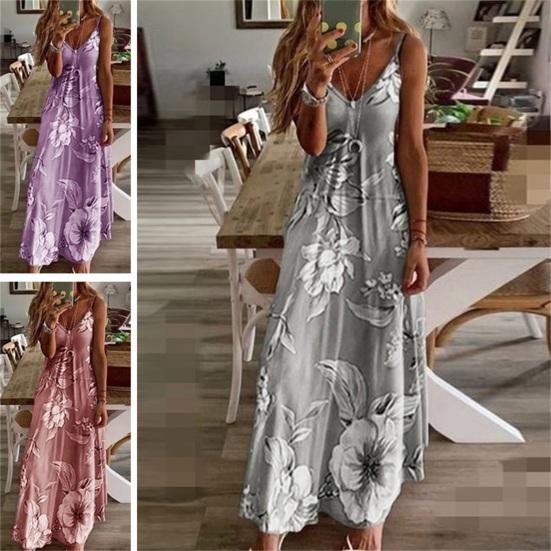Women Dress Floral Print Large Hem Streetwear Elegant Spaghetti Strap Maxi Dress for Party