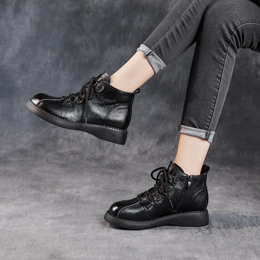 Short Boots For Women Spring And Autumn New Thick Soled Ankle Boot Womens Retro Small Leather Shoes Middle-Aged Mothers Shoes