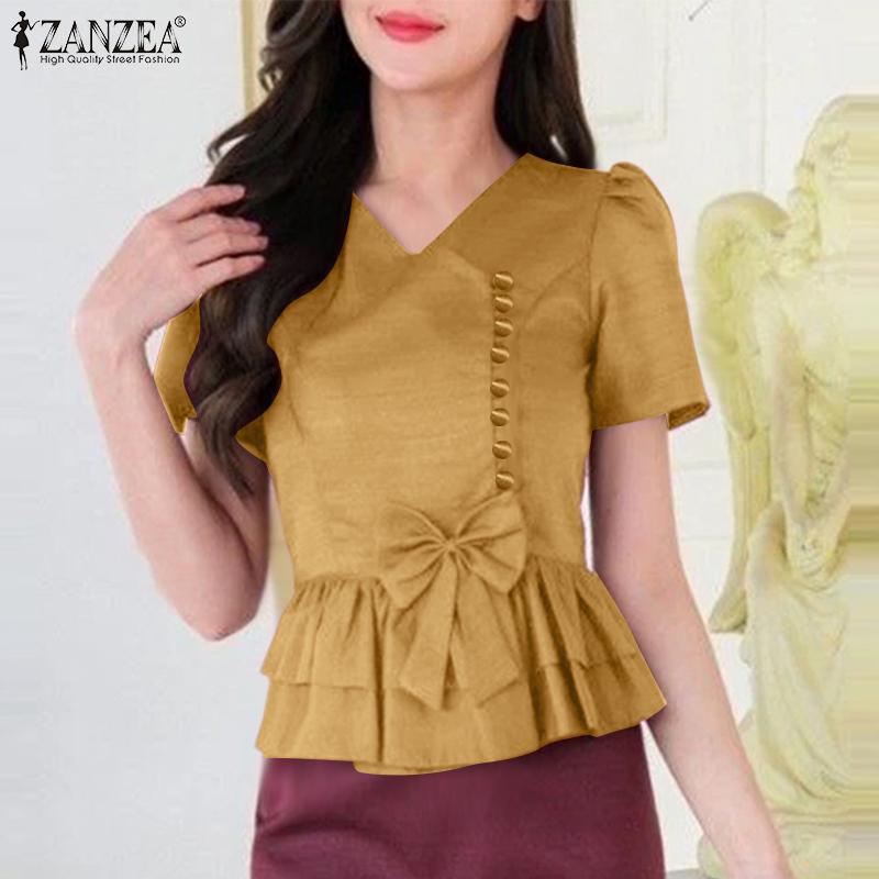 ZANZEA Women Casual V-Neck Summer Short Sleeve Blouse