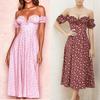 Summer Women's Off-shoulder Strapless Split Floral Short Sleeve Vacation Dress, European American Style Casual Holiday Dress for Women