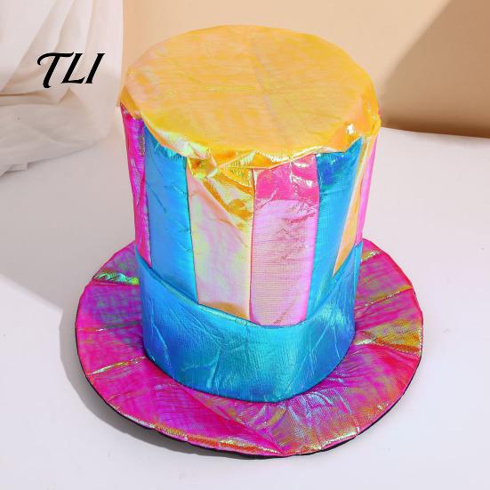 Waterproof Glossy Performance Hat Magician Top Hat, Colorful Wide Brim Retro Striped Halloween Carnival Costume Accessory for Costume, Mardi