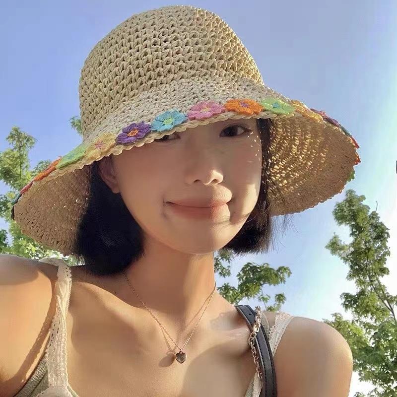 Straw hat women's summer new big-brimmed sun hat lace lace sunscreen seaside vacation hat breathable face