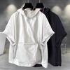Pánské letní tričko s kapucí velká nášivka kapsa na zip zapínání oversized čistá barva pytlovité krátké rukávy střední délka streetwear hip hop sportovní mikina