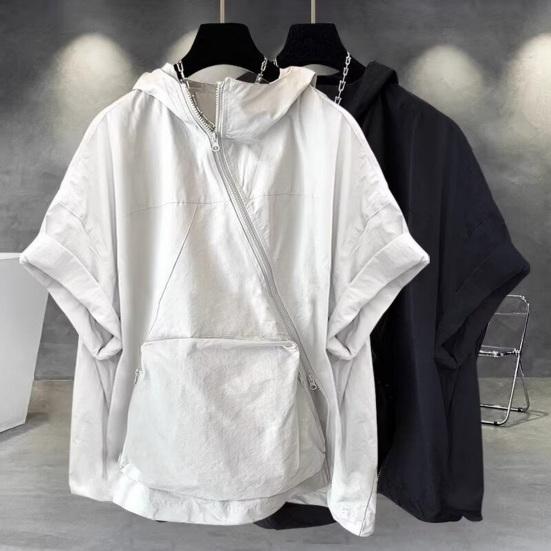 Pánské letní tričko s kapucí velká nášivka kapsa na zip zapínání oversized čistá barva pytlovité krátké rukávy střední délka streetwear hip hop sportovní mikina
