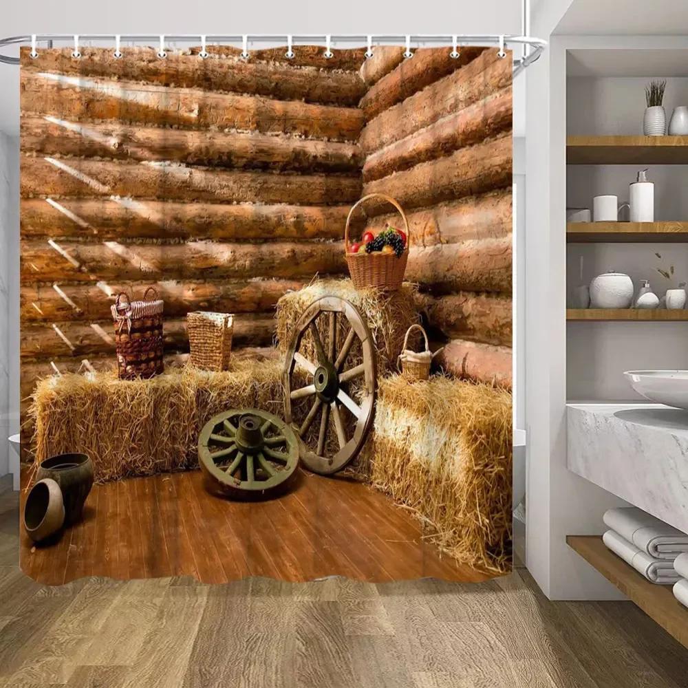 Retro Wood Doors Shower Curtain Set Rustic Old Vintage Barn Door Fabric Bathroom Curtains Farmhouse Bath Decor Bath Screens Hook