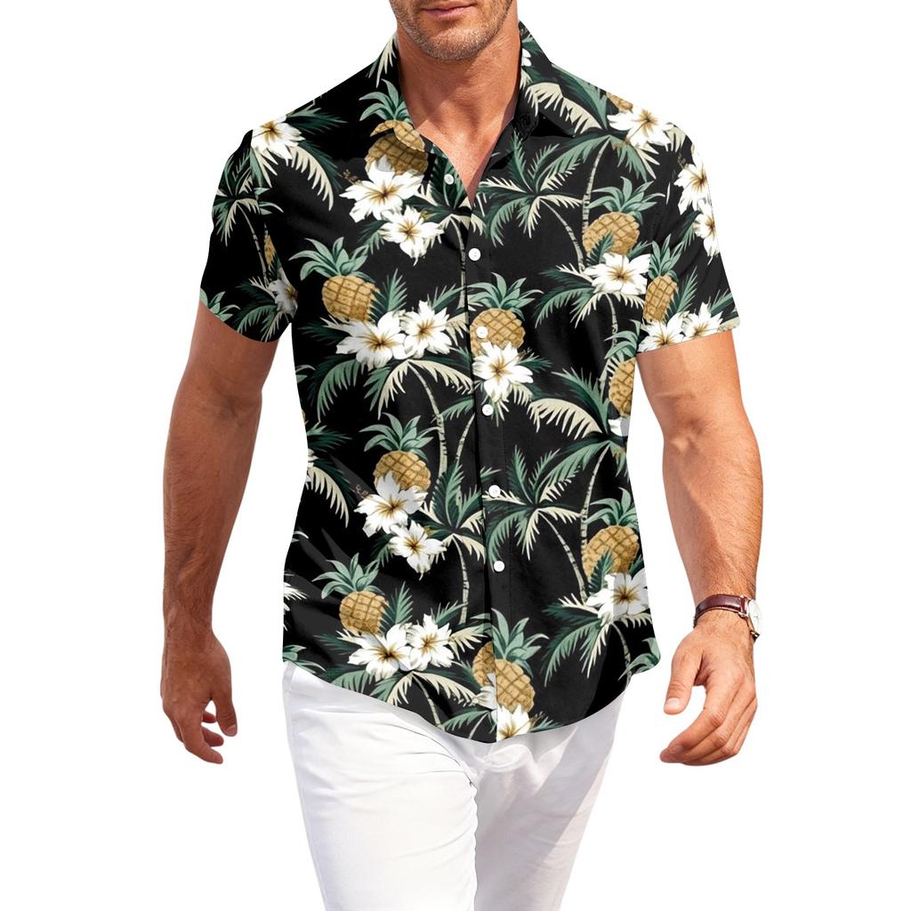 Men's Casual Short Sleeve Button Down Shirt Loose Fit Printed Tropical Palm Tree Pattern Lightweight Summer Beach Shirt
