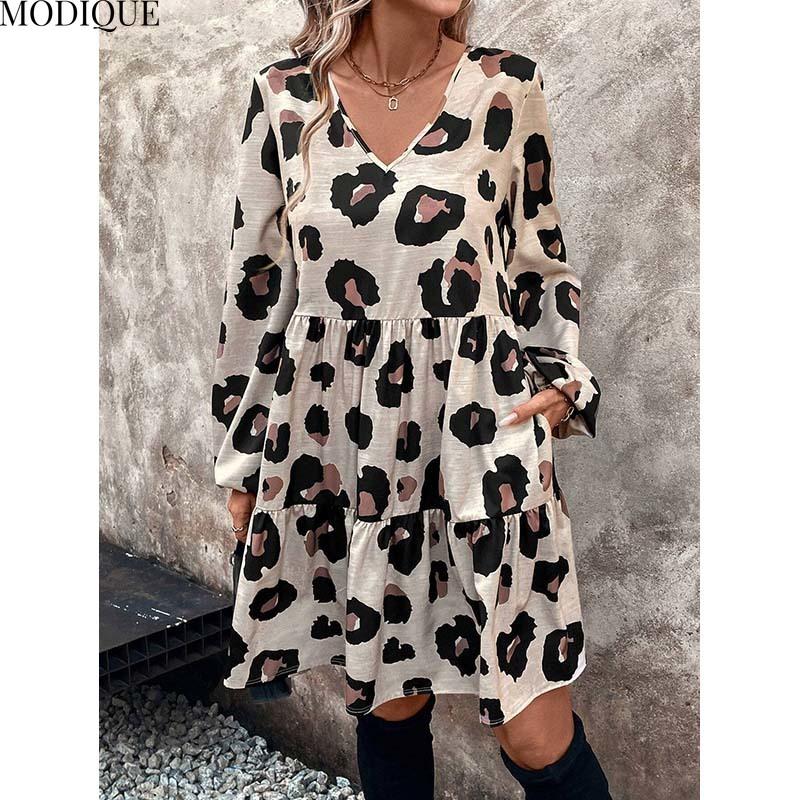 MODIQUE 2025 Summer Plus Size New Women's Casual Sexy Leopard Printing Waist Flowing Short Dress Ladies Loose A-Line Hot Long Sleeve V-Neck Dress