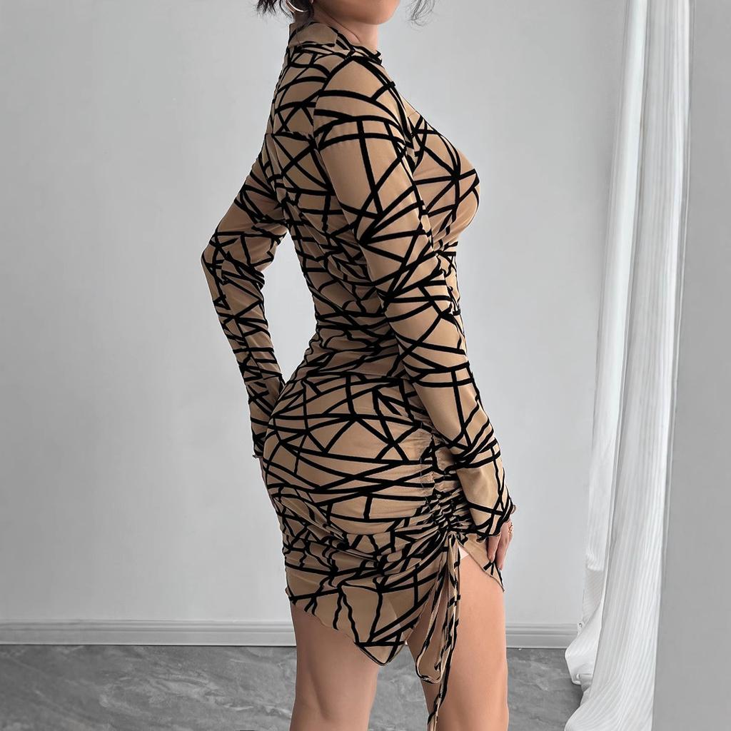 Autumn Winter Women Slim Fit Side Drawstring Small Stand Collar Long Sleeve Irregular Mini Dress Mature Style Retro Sexy Elegant Women Dress